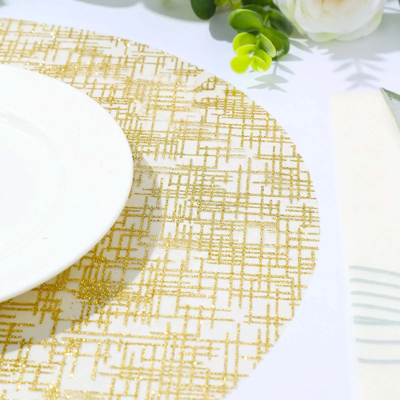10 Pack Metallic Gold Glitter Mesh Round Placemats, 13" Polyester Dining Table Mats