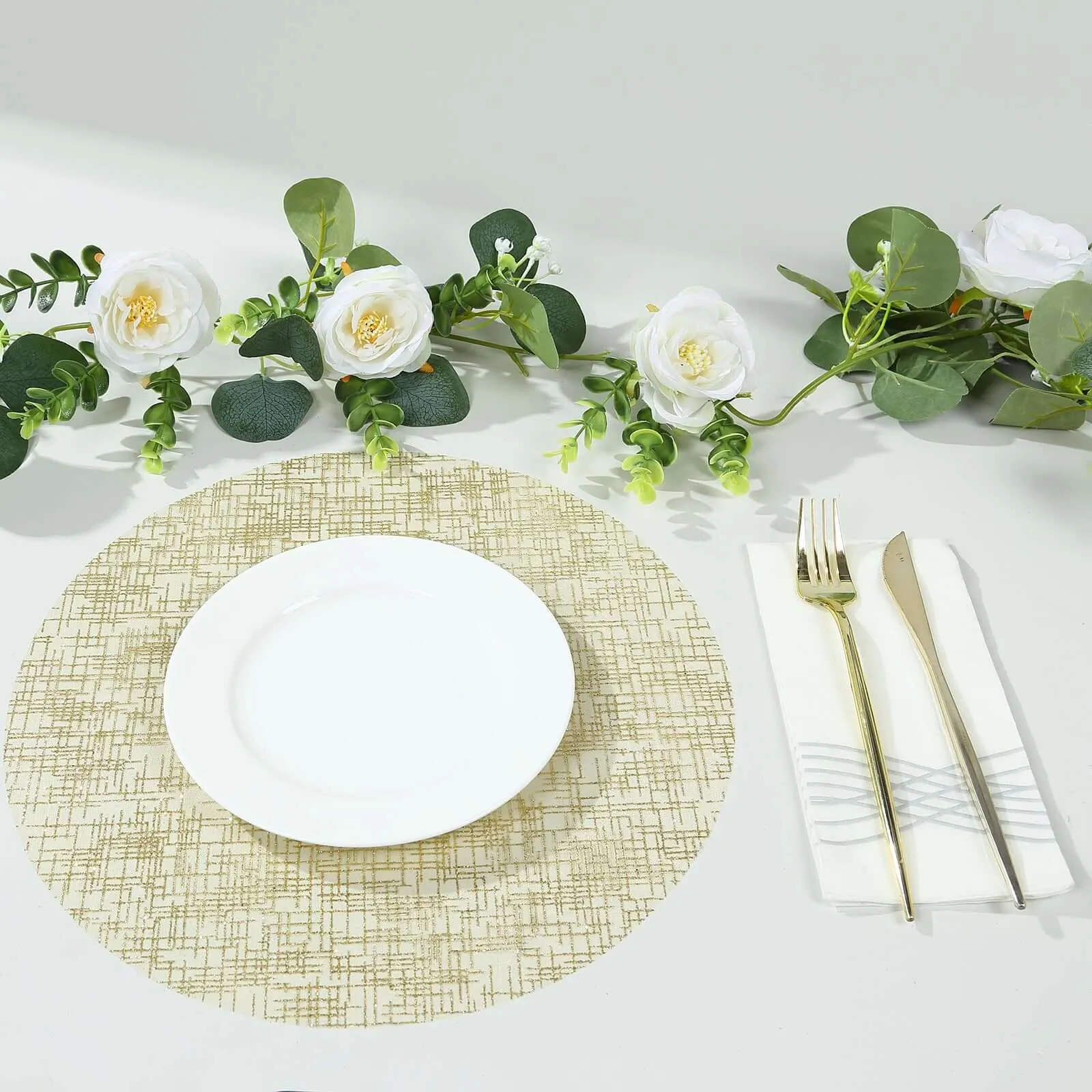 10 Pack Metallic Gold Glitter Mesh Round Placemats, 13" Polyester Dining Table Mats