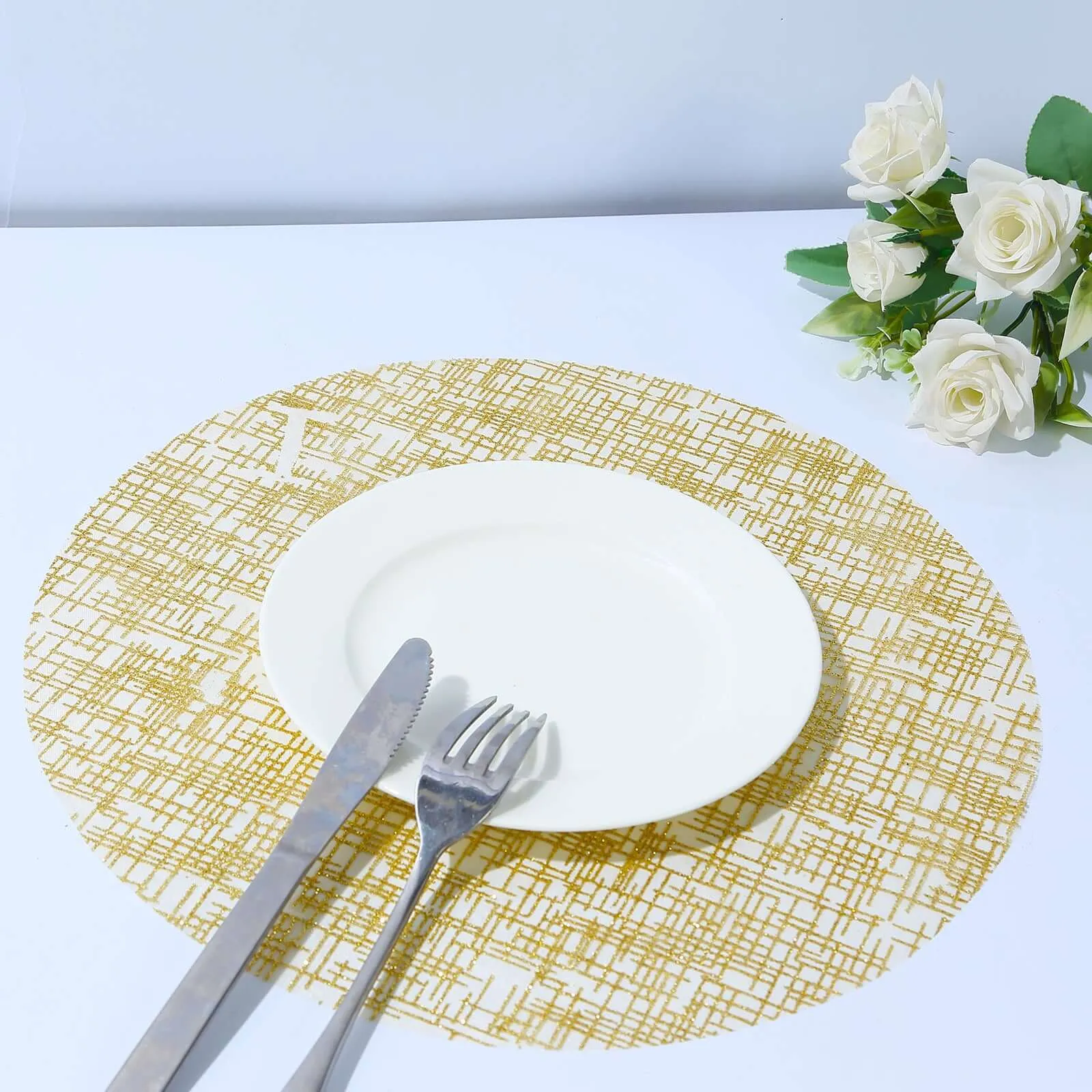 10 Pack Metallic Gold Glitter Mesh Round Placemats, 13" Polyester Dining Table Mats