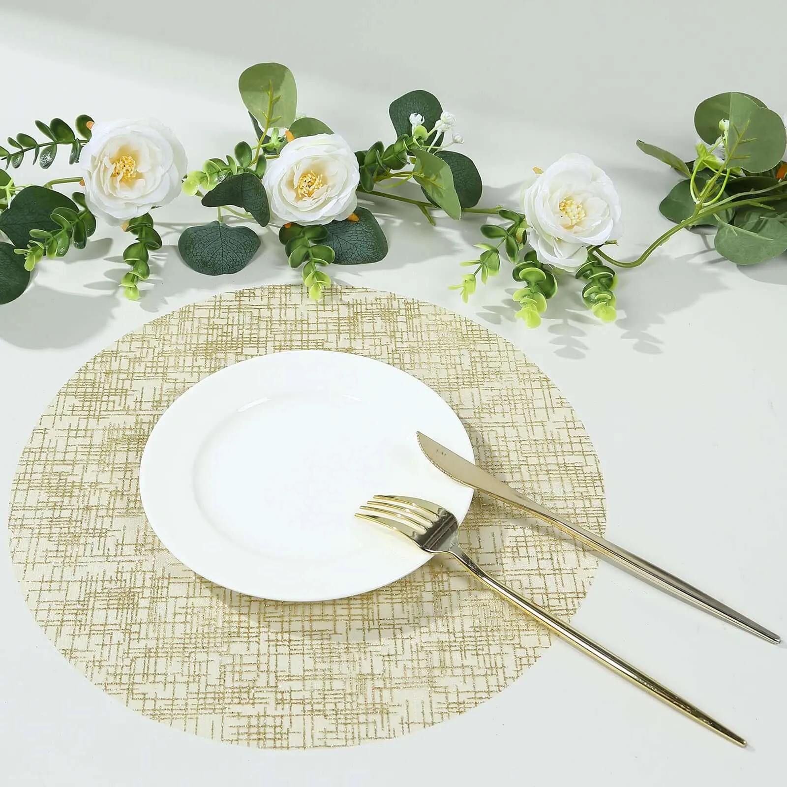 10 Pack Metallic Gold Glitter Mesh Round Placemats, 13" Polyester Dining Table Mats