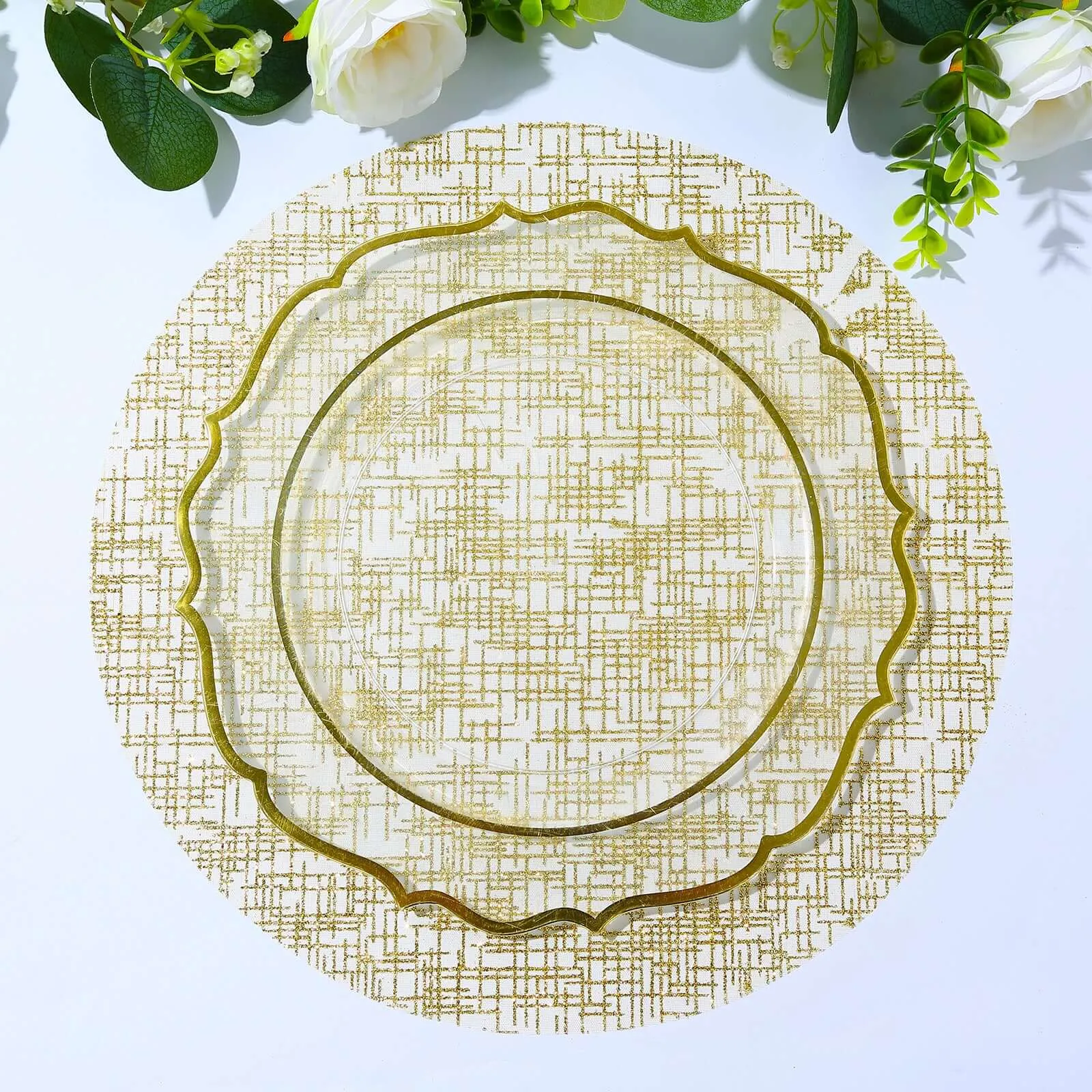10 Pack Metallic Gold Glitter Mesh Round Table Mats, 13" Polyester Dining Placemats