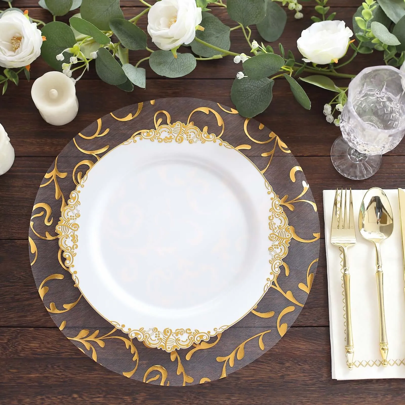 10 Pack Metallic Gold Sheer Organza Round Placemats with Embossed Foil Flower Design, 13" Disposable Dining Table Mats