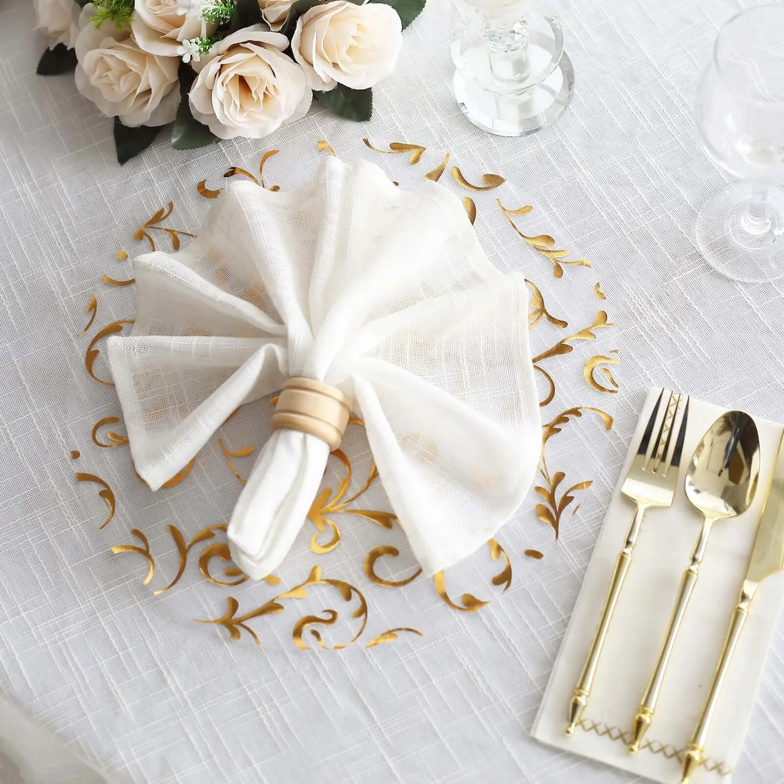 10 Pack Metallic Gold Sheer Organza Round Placemats with Embossed Foil Flower Design, 13" Disposable Dining Table Mats
