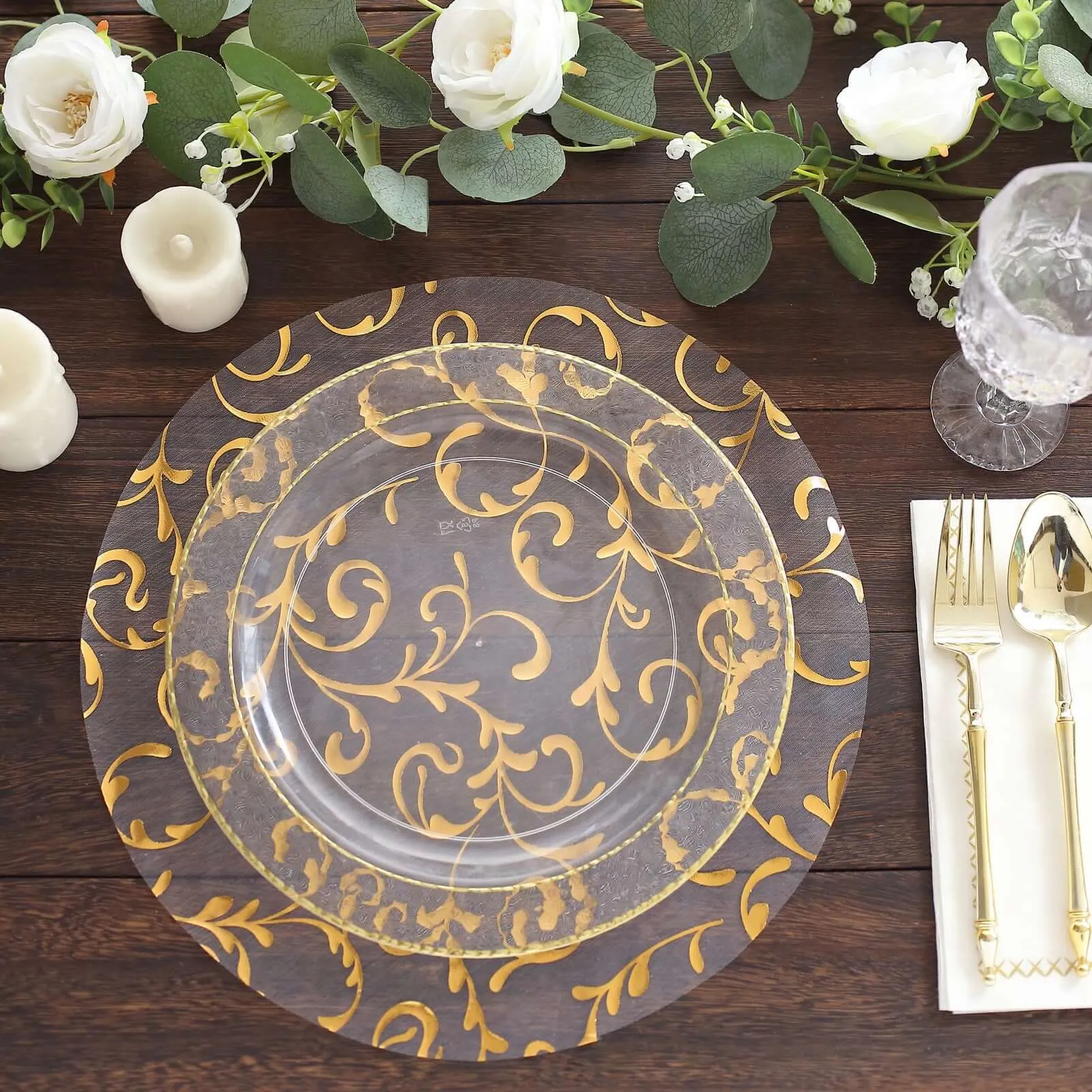10 Pack Metallic Gold Sheer Organza Round Placemats with Embossed Foil Flower Design, 13" Disposable Dining Table Mats
