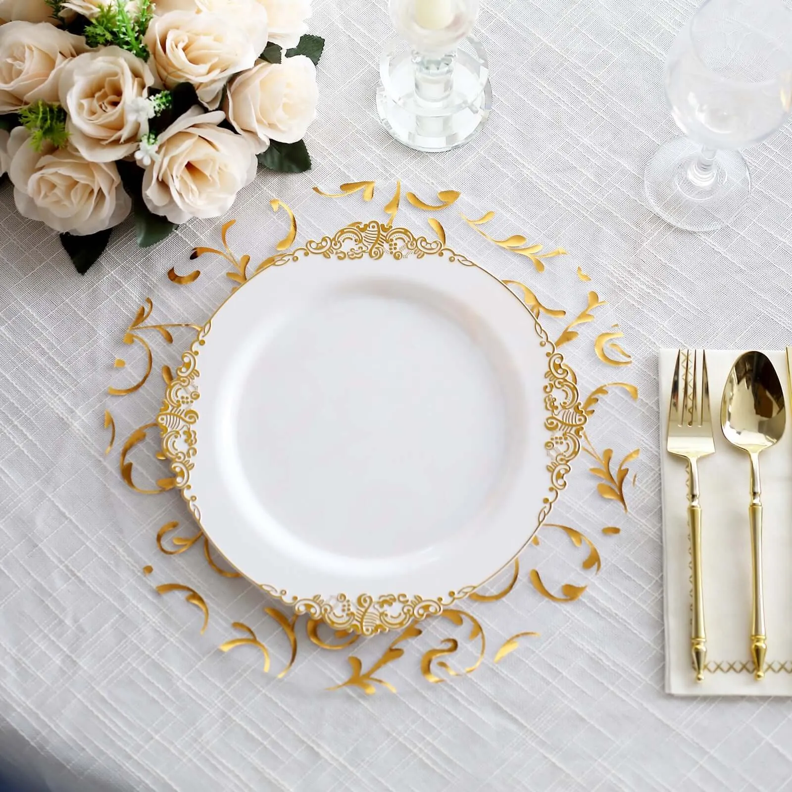 10 Pack Metallic Gold Sheer Organza Round Placemats with Embossed Foil Flower Design, 13" Disposable Dining Table Mats