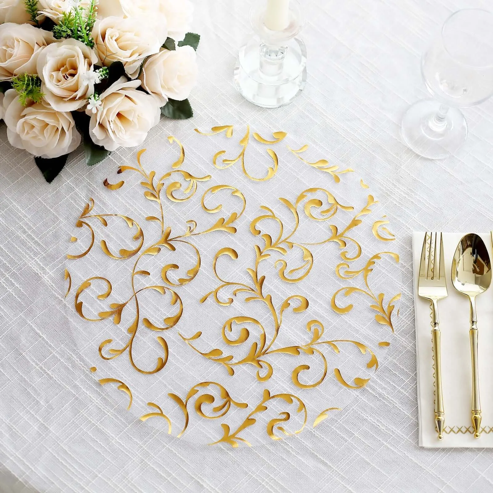 10 Pack Metallic Gold Sheer Organza Round Placemats with Embossed Foil Flower Design, 13" Disposable Dining Table Mats