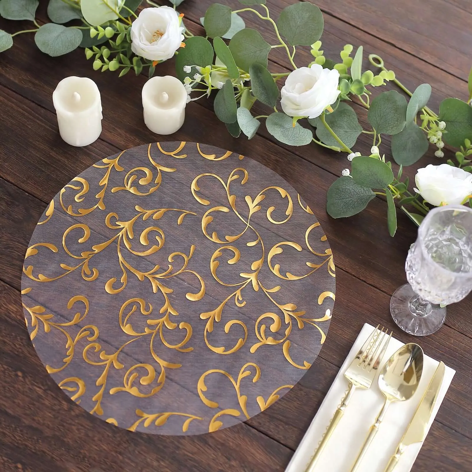 10 Pack Metallic Gold Sheer Organza Round Placemats with Embossed Foil Flower Design, 13" Disposable Dining Table Mats