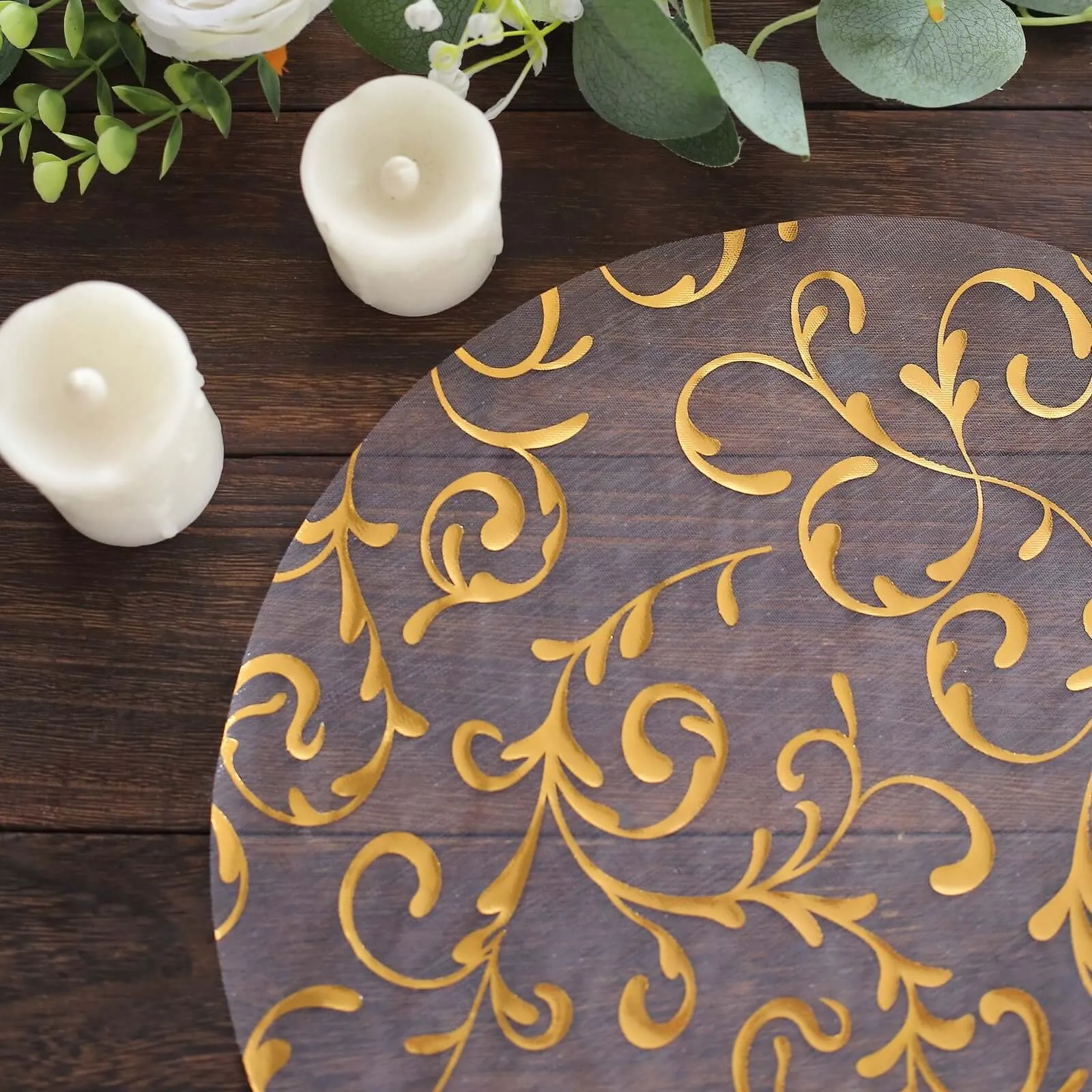 10 Pack Metallic Gold Sheer Organza Round Placemats with Embossed Foil Flower Design, 13" Disposable Dining Table Mats