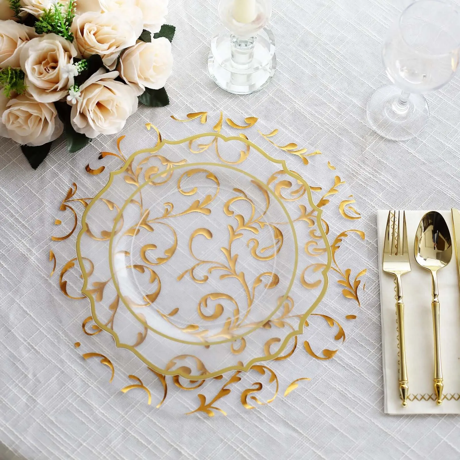 10 Pack Metallic Gold Sheer Organza Round Placemats with Embossed Foil Flower Design, 13" Disposable Dining Table Mats