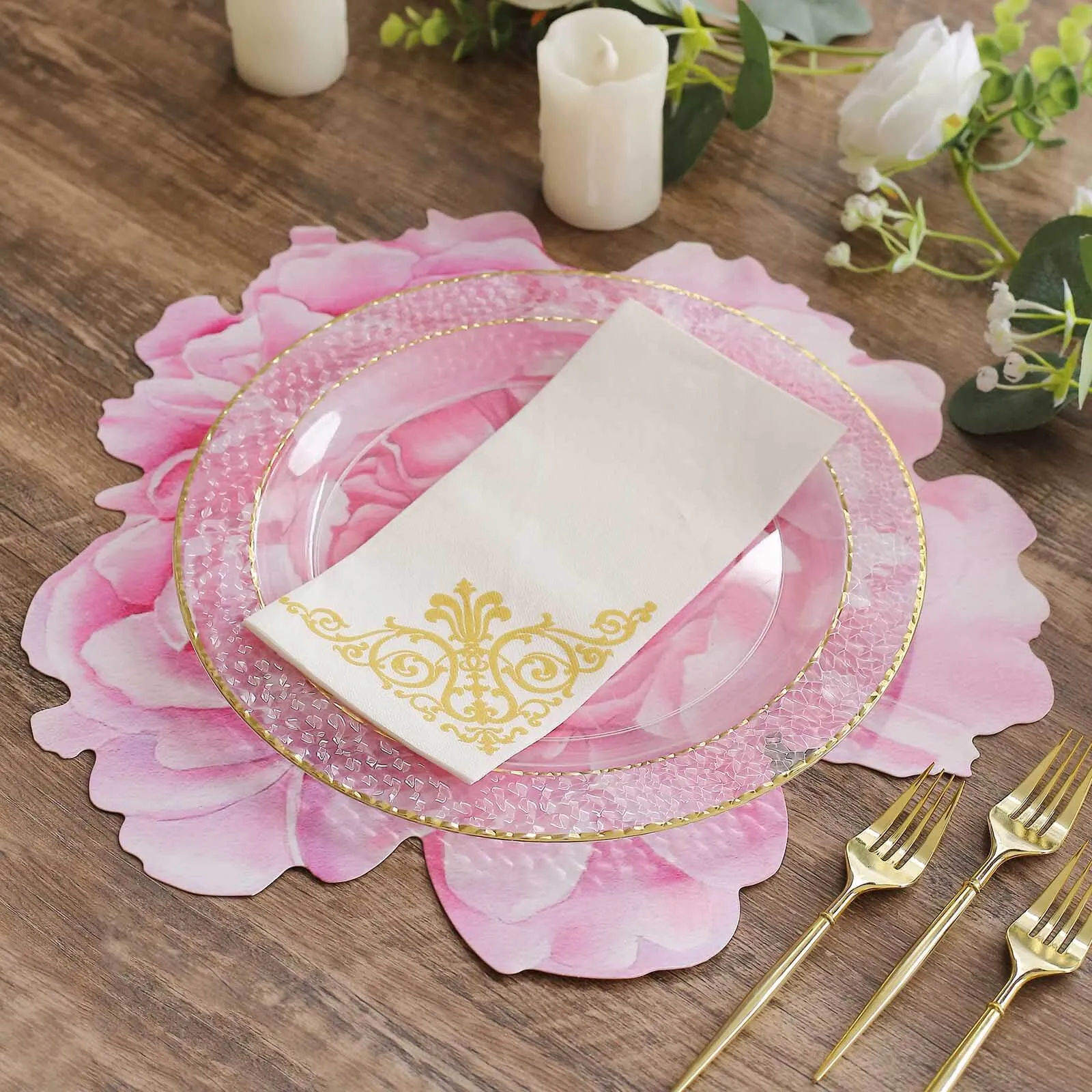 10 Pack Pink Peony Flower Cardboard Paper Placemats, 14" Disposable Floral Table Mats - 400GSM