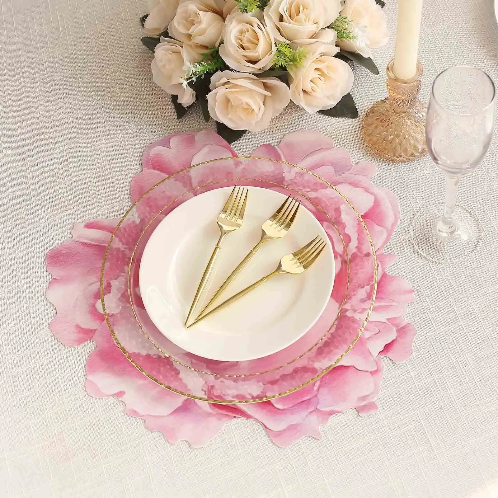 10 Pack Pink Peony Flower Cardboard Paper Placemats, 14" Disposable Floral Table Mats - 400GSM