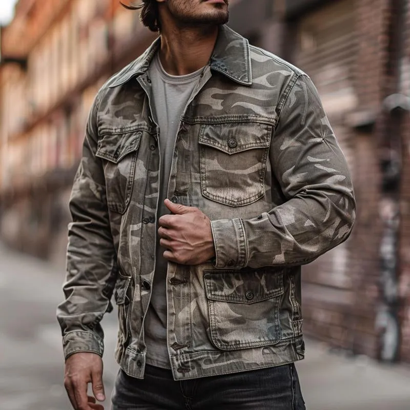 Men's Casual Outdoor Washed Camouflage Multi-pocket Cargo Jacket