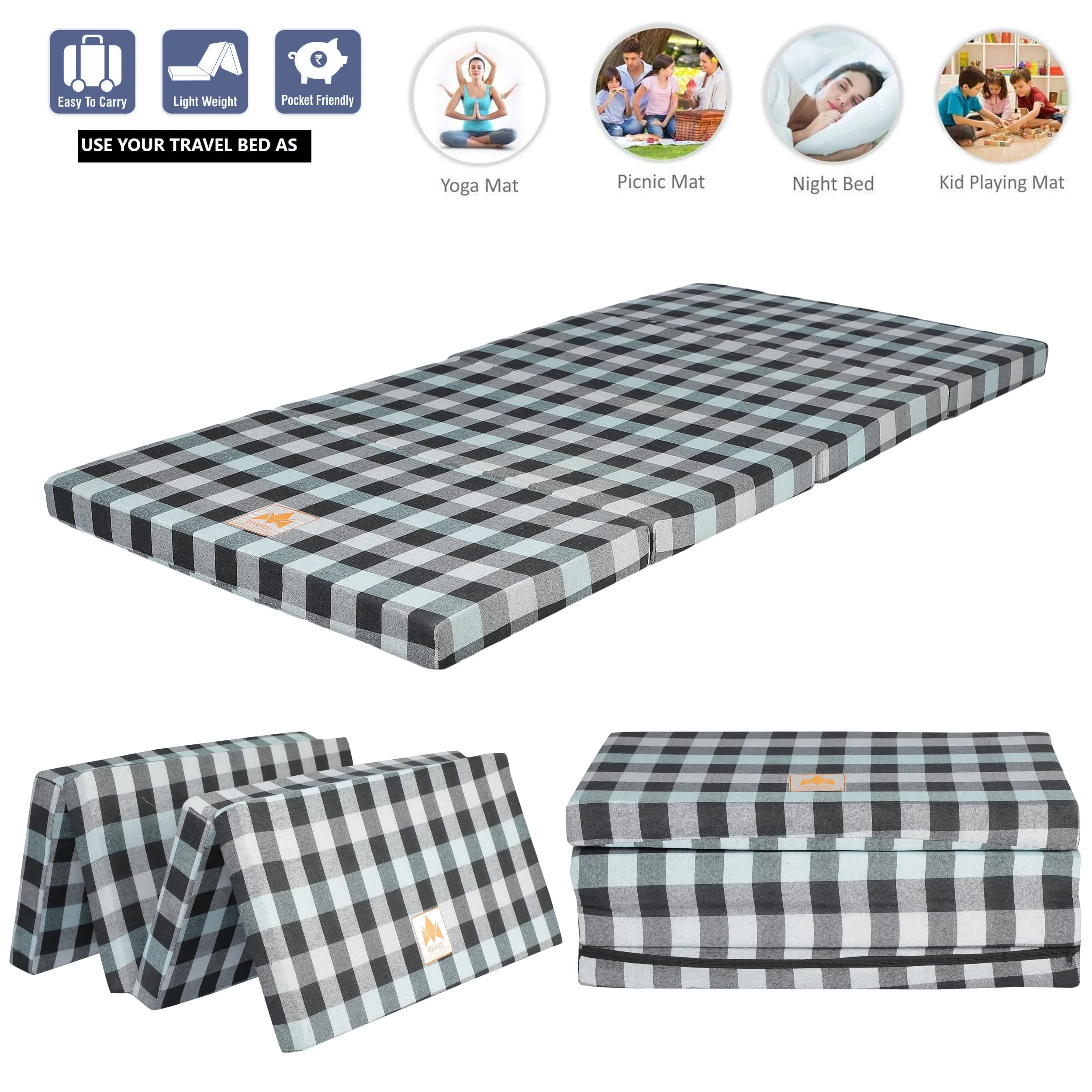 MOROFEEL 3 Inch Dual Comfort Reversible Foldable UHD Foam Single Bed Mattress (4 Fold, Blue Multicolor)