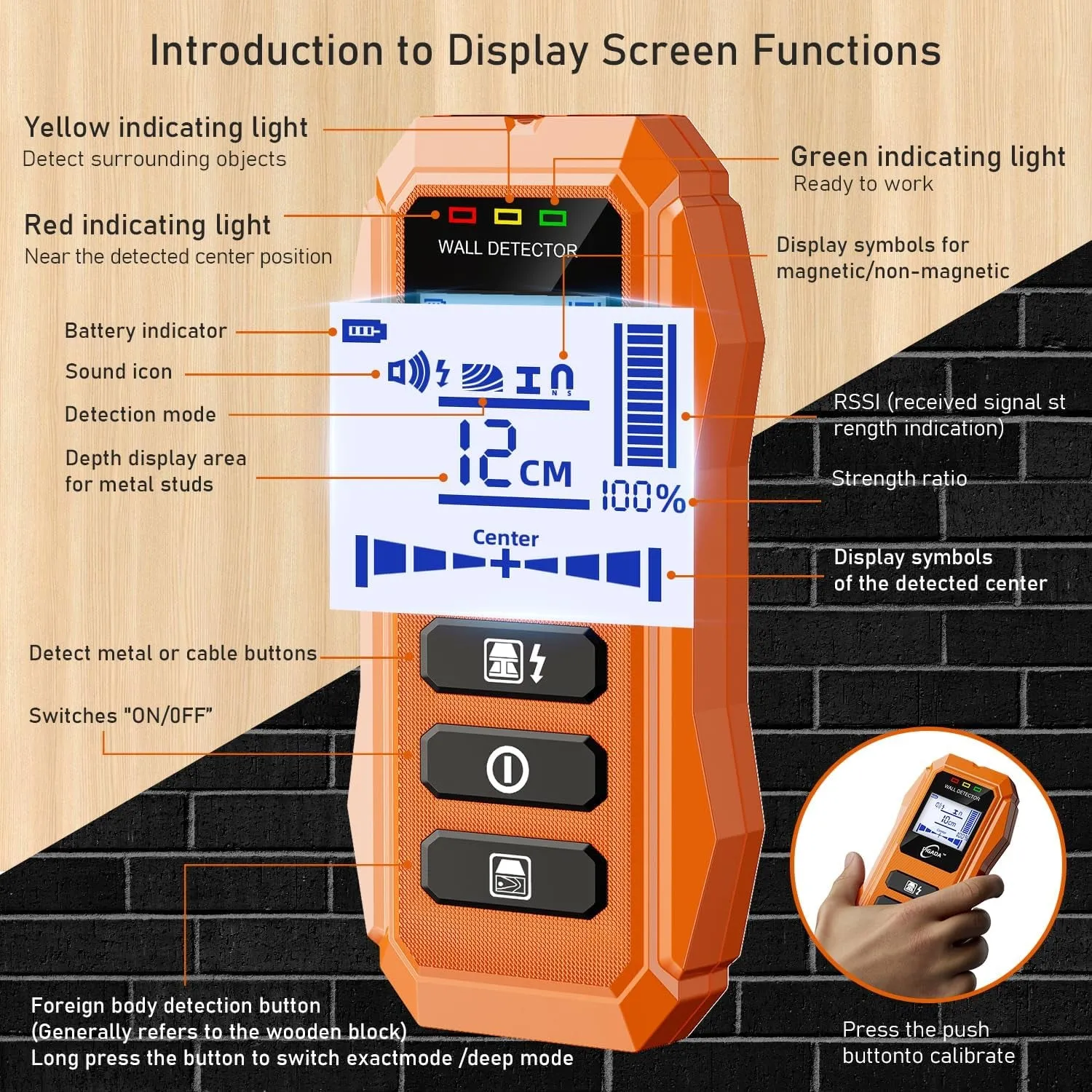 Stud Finder up to 4.7Inch Contain Protecting Pouch,Wall Scanner 6 in 1 Beam Finders with Intelligent Microprocessor Chip, Audio Alarm and HD LCD Display for Wood AC Wire Metal Studs Joist Pipe in Wall