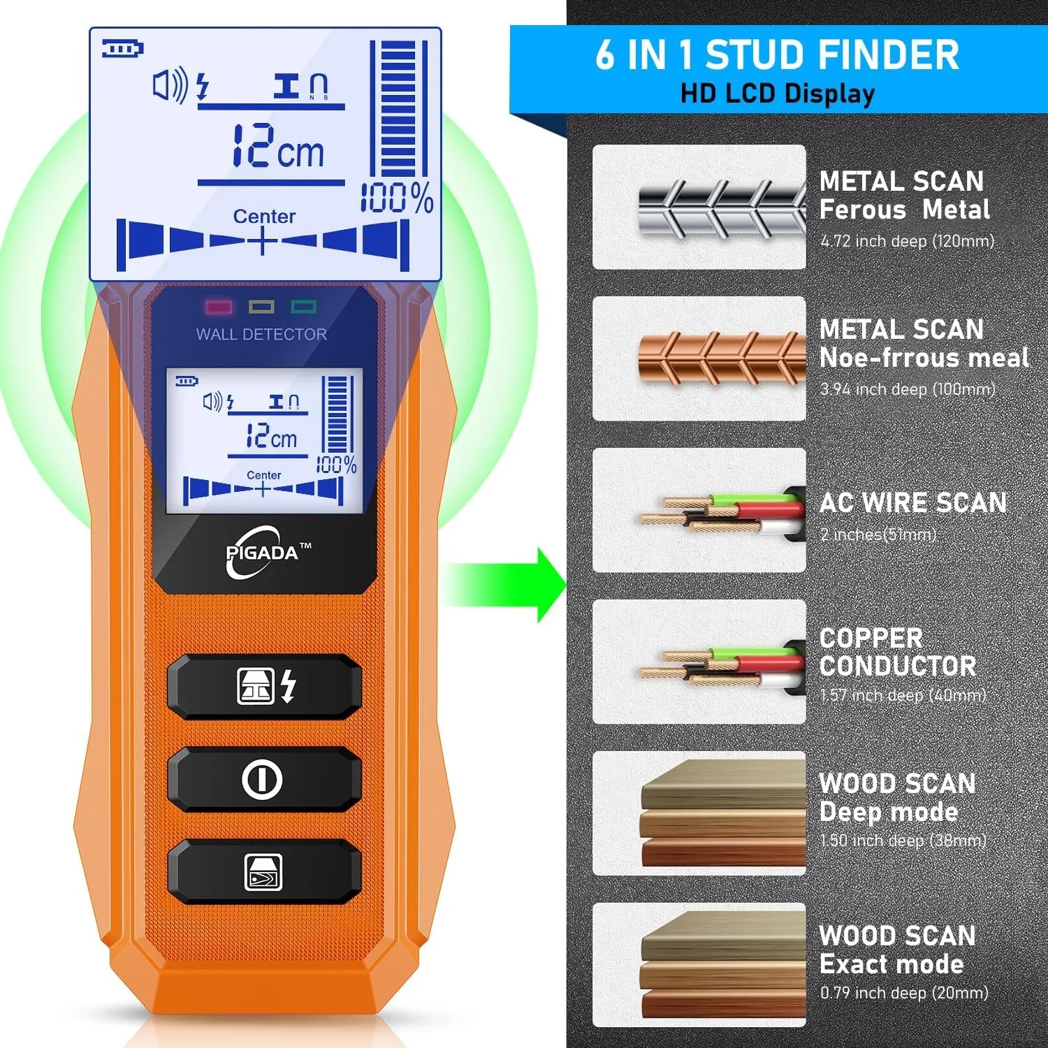 Stud Finder up to 4.7Inch Contain Protecting Pouch,Wall Scanner 6 in 1 Beam Finders with Intelligent Microprocessor Chip, Audio Alarm and HD LCD Display for Wood AC Wire Metal Studs Joist Pipe in Wall