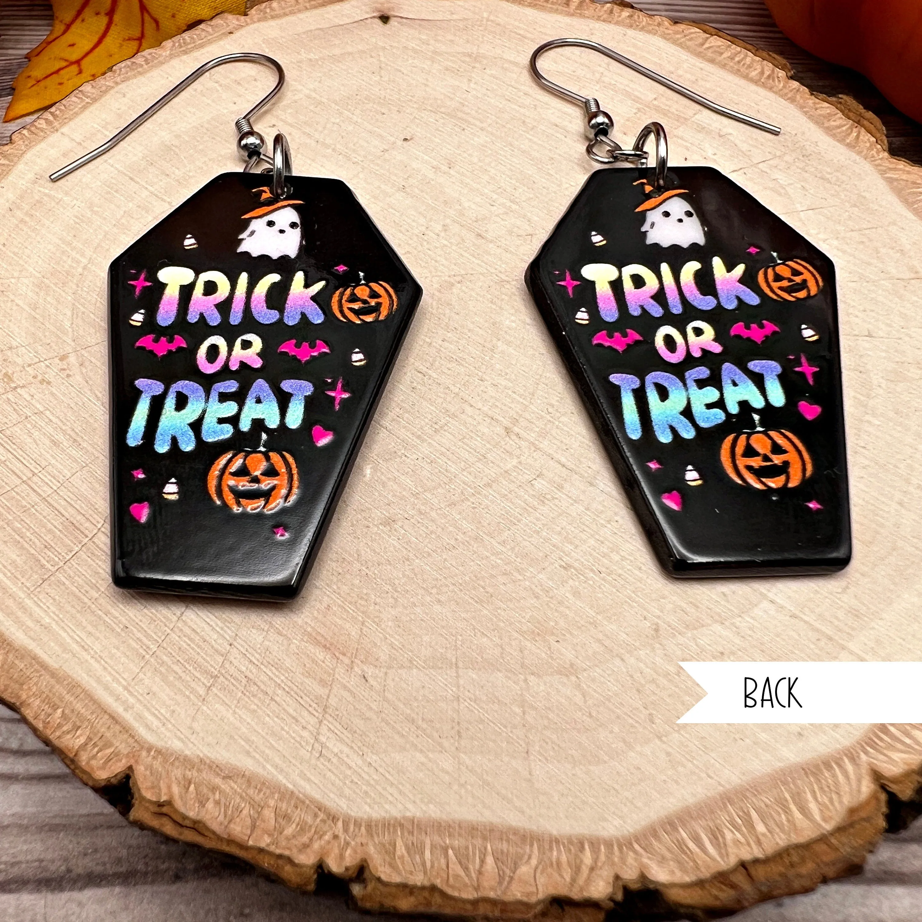 Trick or Treat Colorful Black Coffin Halloween Ghost Stainless Steel  Earrings, Hypoallergenic Gift