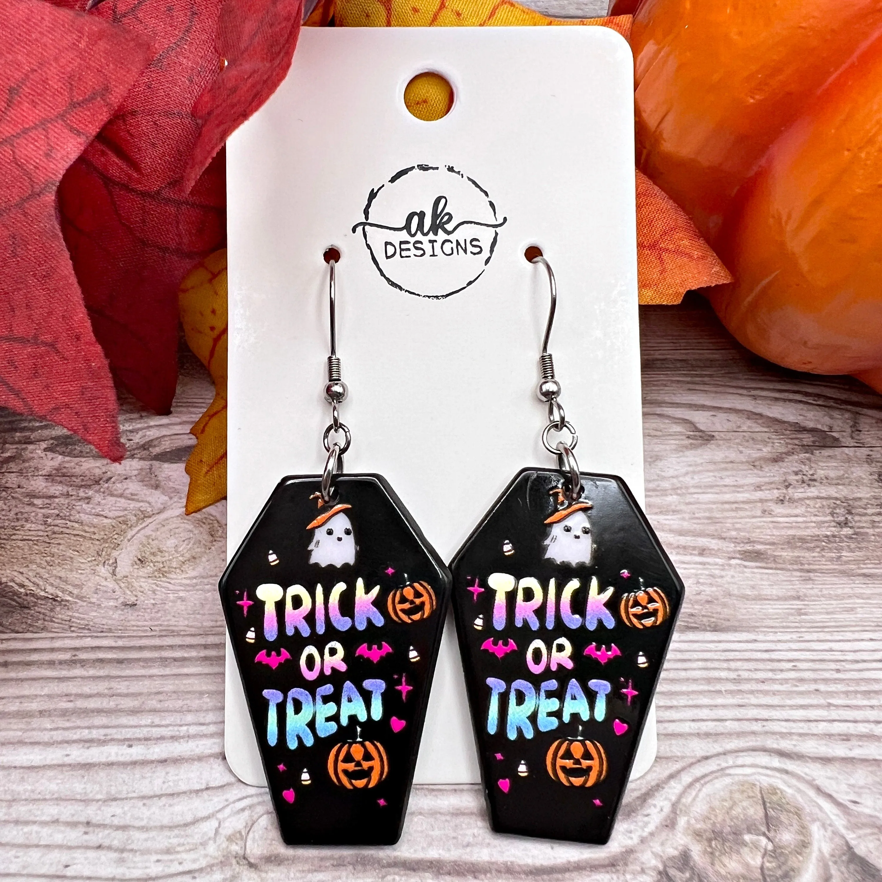 Trick or Treat Colorful Black Coffin Halloween Ghost Stainless Steel  Earrings, Hypoallergenic Gift