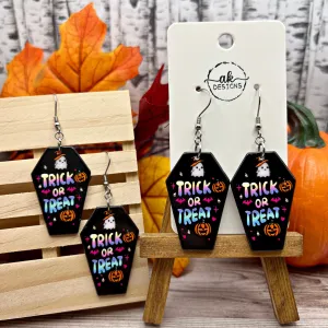Trick or Treat Colorful Black Coffin Halloween Ghost Stainless Steel  Earrings, Hypoallergenic Gift
