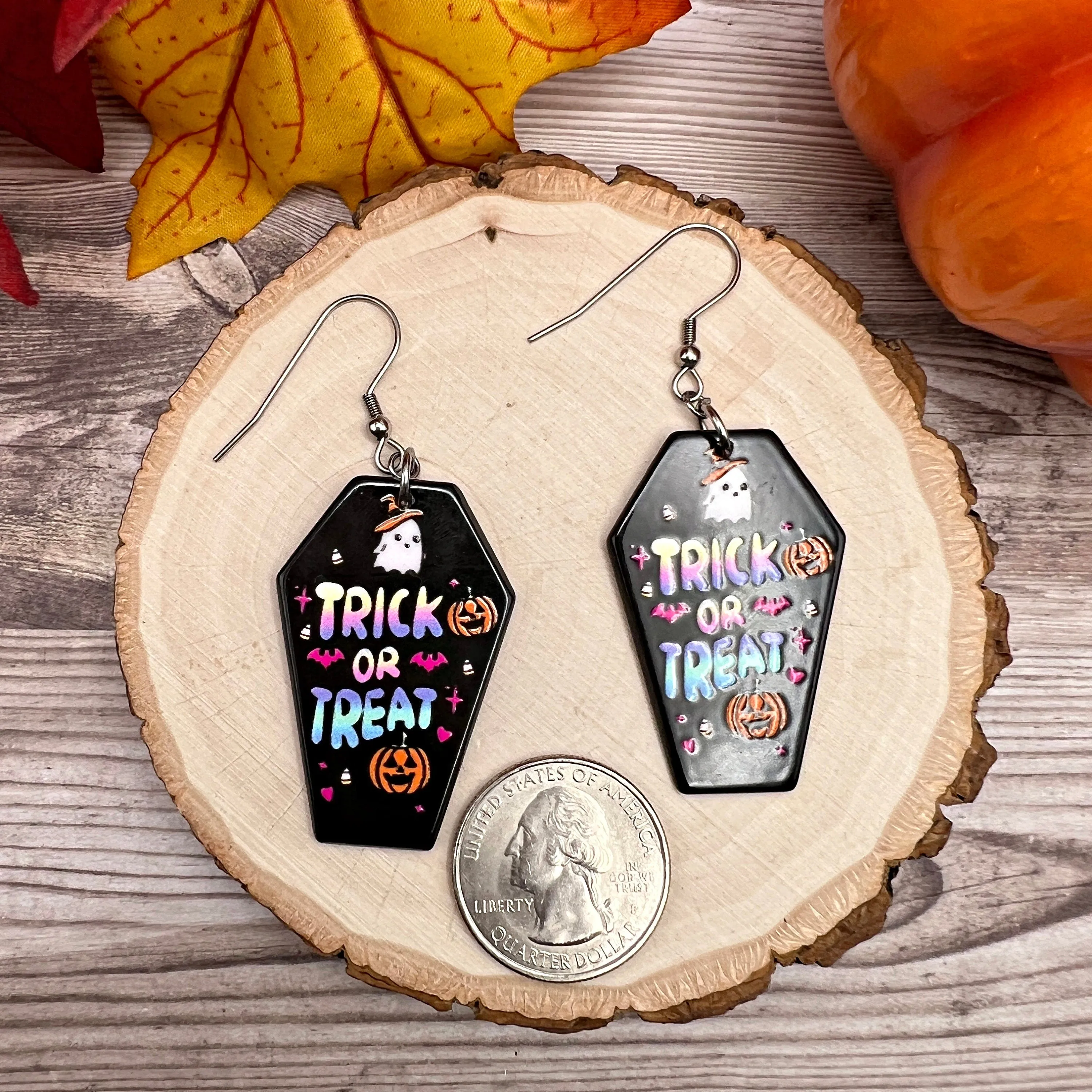 Trick or Treat Colorful Black Coffin Halloween Ghost Stainless Steel  Earrings, Hypoallergenic Gift