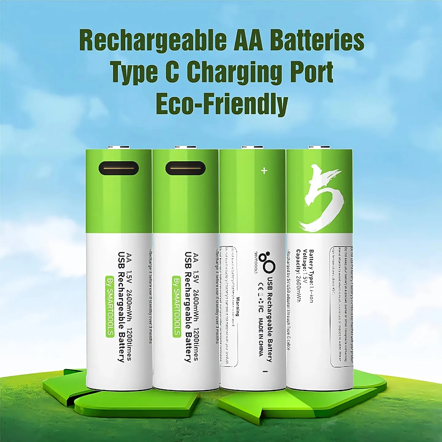 USB Rechargeable AA 1.5V 2600mAh Lithium Batteries (4pcs) for Remote Controls, Toys   Cable