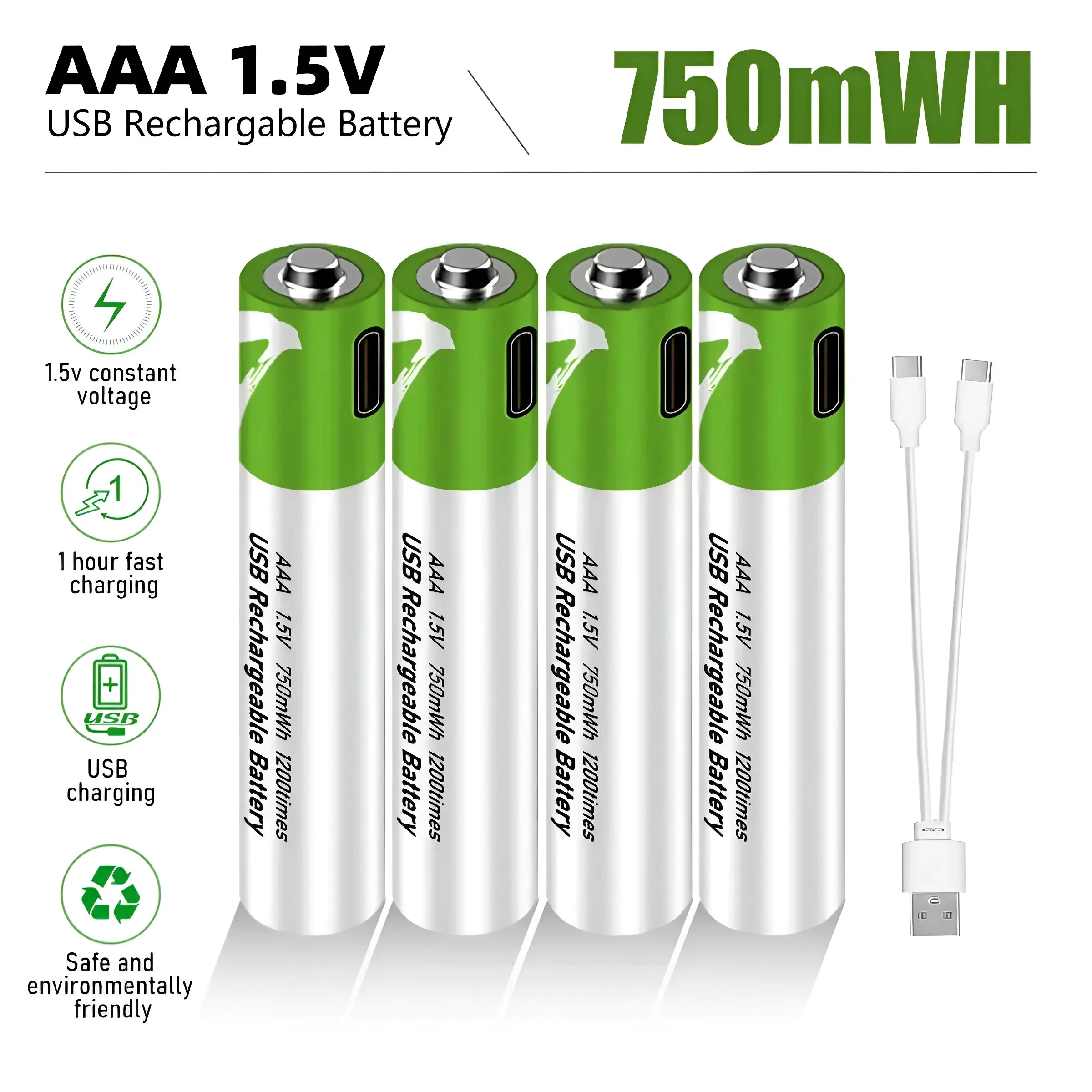 USB Rechargeable AA 1.5V 2600mAh Lithium Batteries (4pcs) for Remote Controls, Toys   Cable