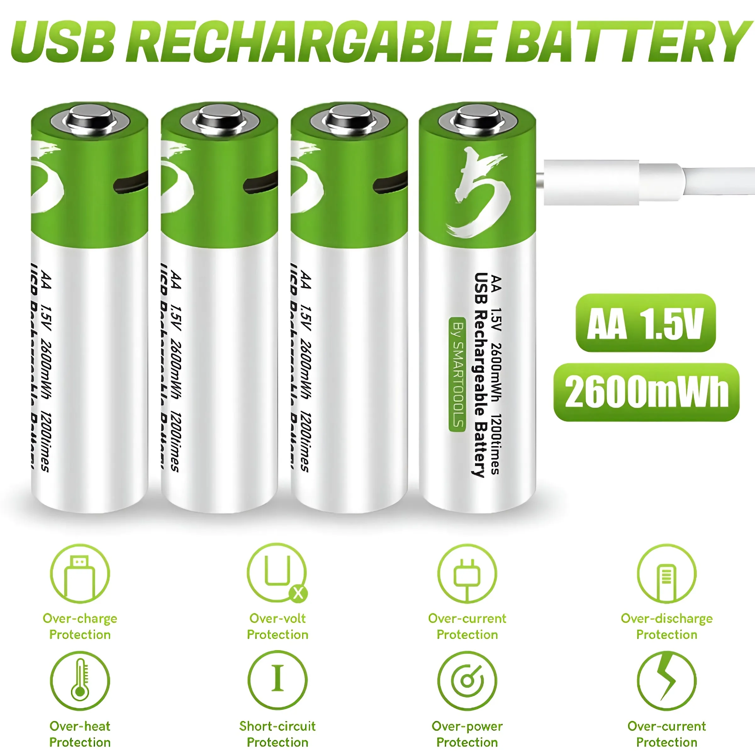 USB Rechargeable AA 1.5V 2600mAh Lithium Batteries (4pcs) for Remote Controls, Toys   Cable